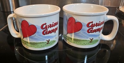 VTG  Set of Two Soup Cup Curious George Mug Flying Red Heart Balloon Kite Monkey