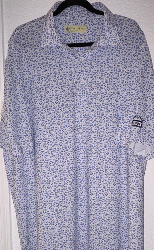 Donald Ross Men's L White Blue Graphic Print Golf Short Sleeve Polo Logo