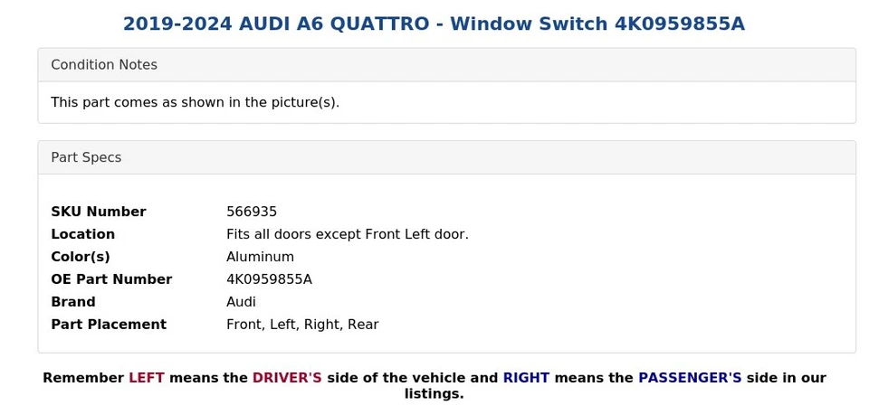 2019-2024 AUDI A6 QUATTRO - Window Switch 4K0959855A - Image 4 of 4