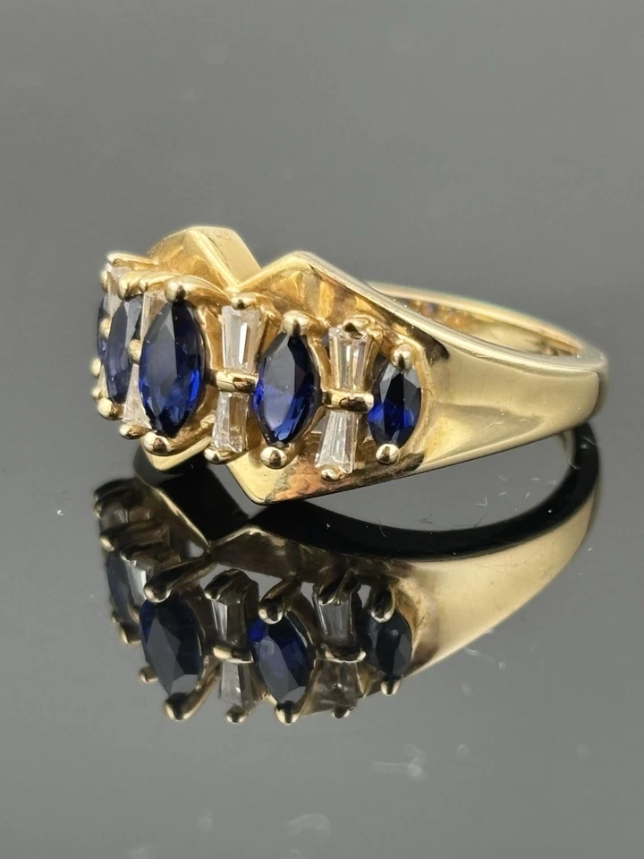ELEGANTE Anillo Diamonique DQ Oro Amarillo 14k Zafiro Marquesa y Circonita Cónica Talla 6 Foto 3 de 4