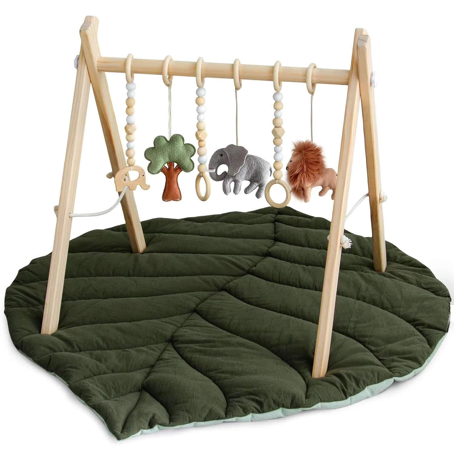 Wooden Baby Play Gym Activity Mat, Leaf Shaped Play Mat Baby Gym with 6 Hanging