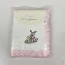 Carters Vintage Cotton Crib Blanket Pink Trim Bunny Puppy Made In USA 36x50