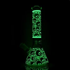 8in Glass Bong Hookah Water Pipe Smoking Beaker Bubbler Glow In Dark Bongs 14mm