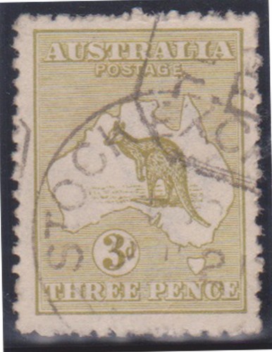 (F237-65) 1915 Australia 3d olive Kangaroo 3rd W/M stamp (BO)
