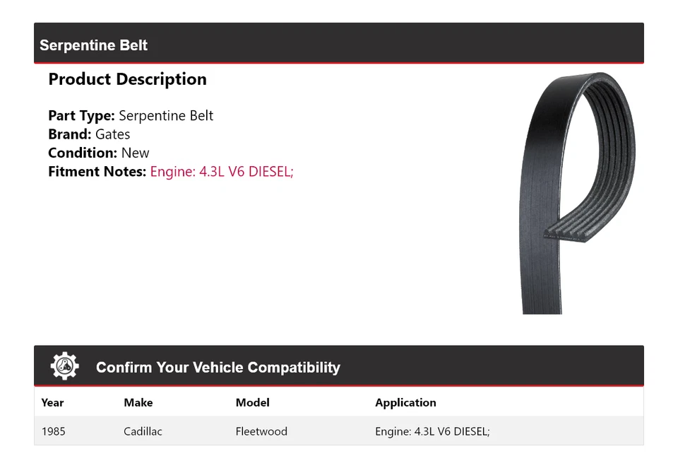 适用于 1985 年凯迪拉克 Fleetwood 4.3L V6 柴油蛇形皮带门 — 第 2/4 张图片