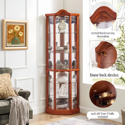 Lighted Curio Cabinet Corner Display Cabinet w/ Adjustable Glass Shelves - Picture 20 of 40