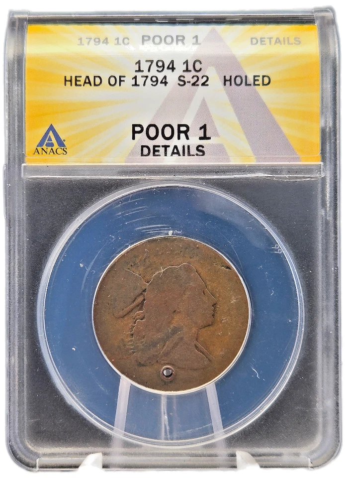 1794 1c Liberty Cap Large Cent, Head '94 S-22 ANACS P1 Details Holed - Image 2 of 4