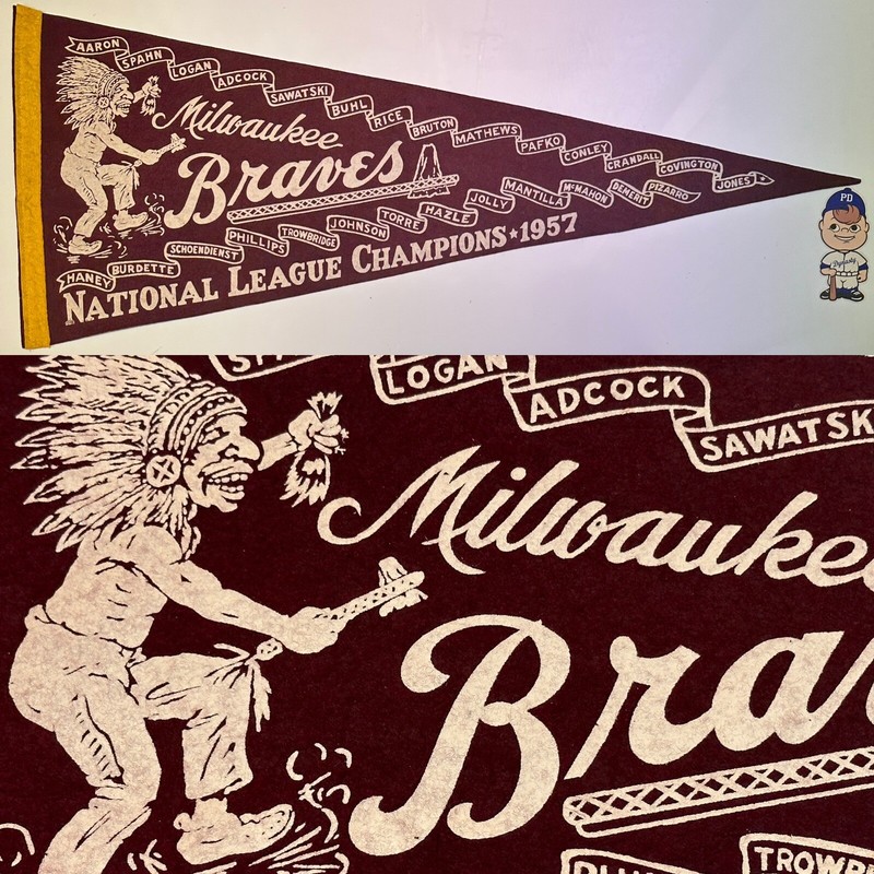 1957 Vintage Milwaukee Braves Baseball Mlb 11.5x29 Pennant Banner Hank Aaron