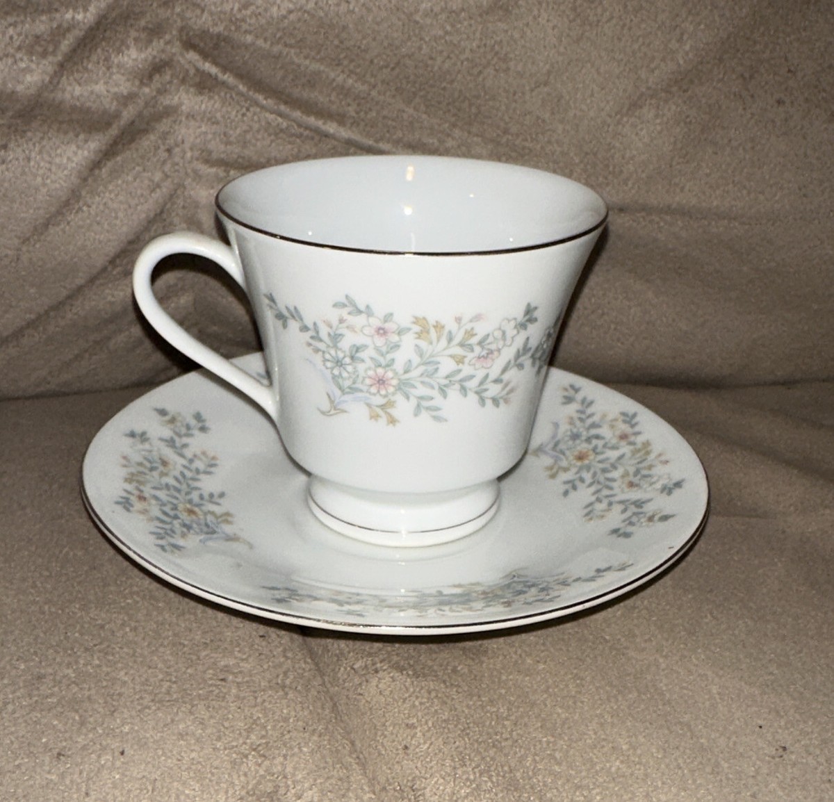 Vintage Silver Rim Made In China Floral Tea Cup + Saucer Set *MINT