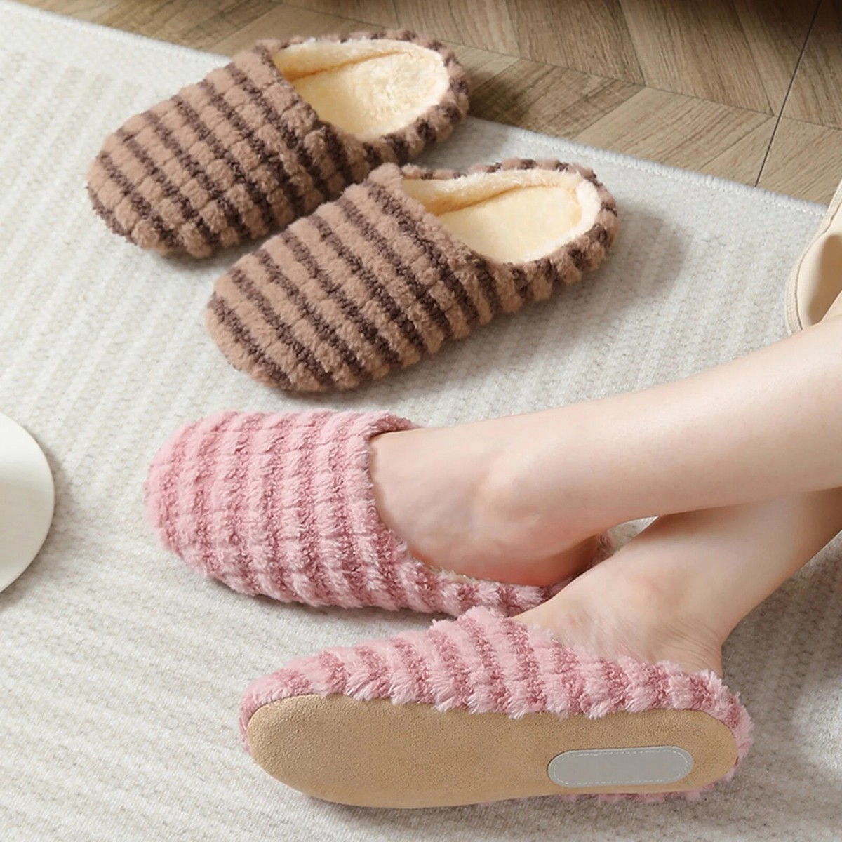 Women Men Indoor Shoes Warm Striped Silent Soft Cotton Fuzzy House