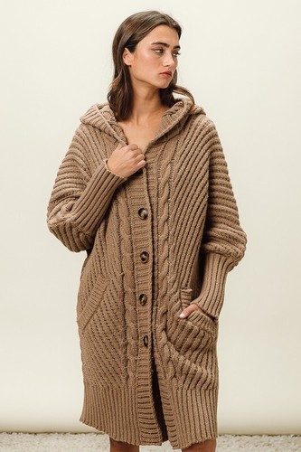 Oversized Chunky Cable Knit Hooded Duster Cardigan with Front Pockets - Picture 2 of 6