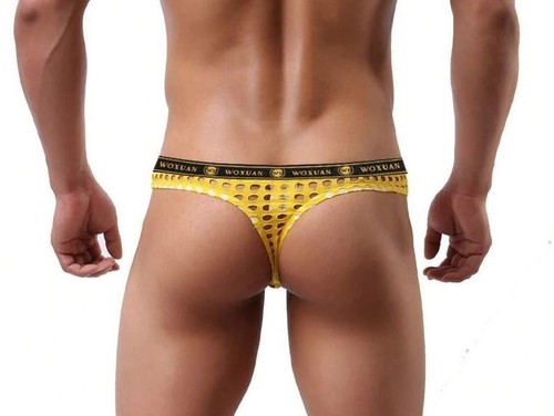 New Men's Sexy Yellow Net Bikini Thong w/Enhanced Contoured Pouch - Gay