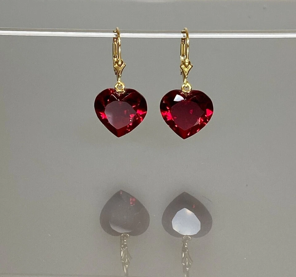 925 Silver Drop Dangle Earring's Heart Lab-Created Red Ruby in 14k Gold Plated - Image 3 of 4