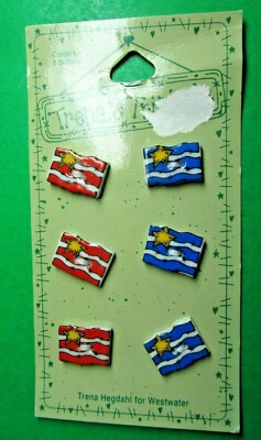 (6) 1996 TRENA'S TRINKETS YELLOW STAR FLAG CERAMIC BUTTONS NOS CARD THB13-K146