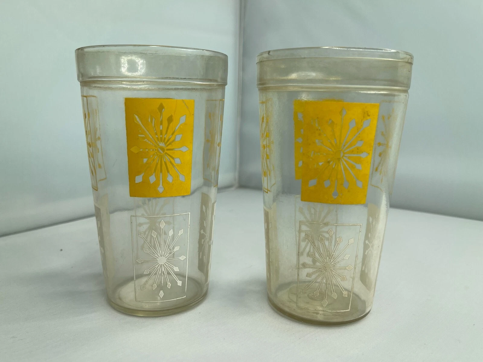 VTG MCM Retro ATOMIC STARS Yellow White Juice Drinking Glass Tumbler Set of 2