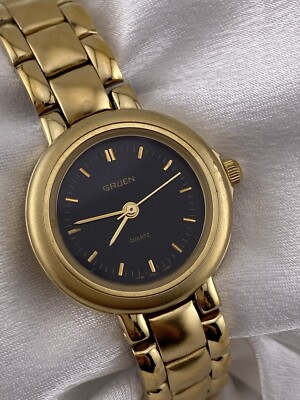 Vintage Gruen Quartz Ladies Gold Tone Black Dial Dainty Elegant Watch Runs Great PRECISION by GRUEN Genuine Diamond Ladies Quartz Watch 26mm  main image 3