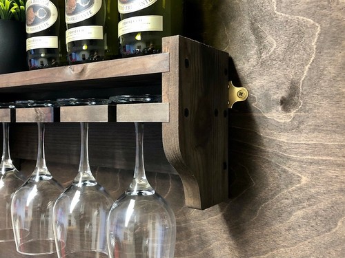 Wine Shelf Bottle & 4 Glass Holder Wall Display Rustic Wooden Home Bar (WS)EM - Picture 7 of 7