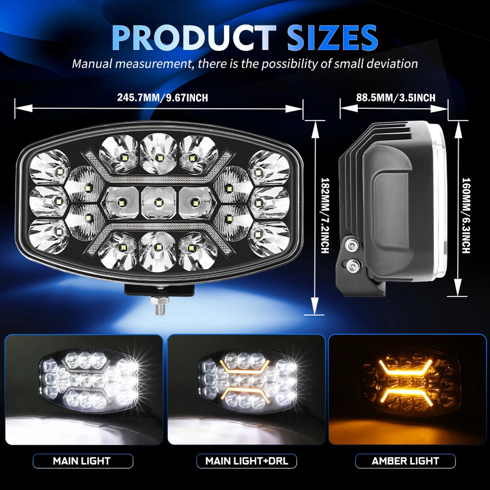 6X 12V 24V 10" Jumbo Oval LED Spot Lamp Dual White & Amber DRL Driving Lights - Image 2 of 4