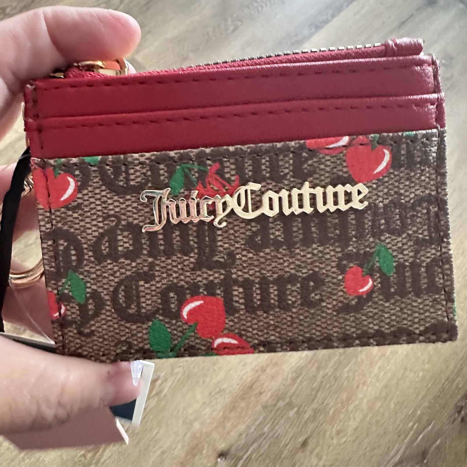 Juicy Couture Wallet Card Case Brown Red Cherry Print Keychain