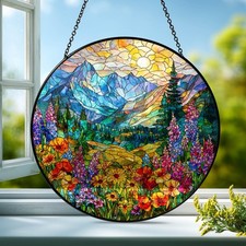 Mountain Lupine Landscape Stained Glass Style Suncatcher Window Decor