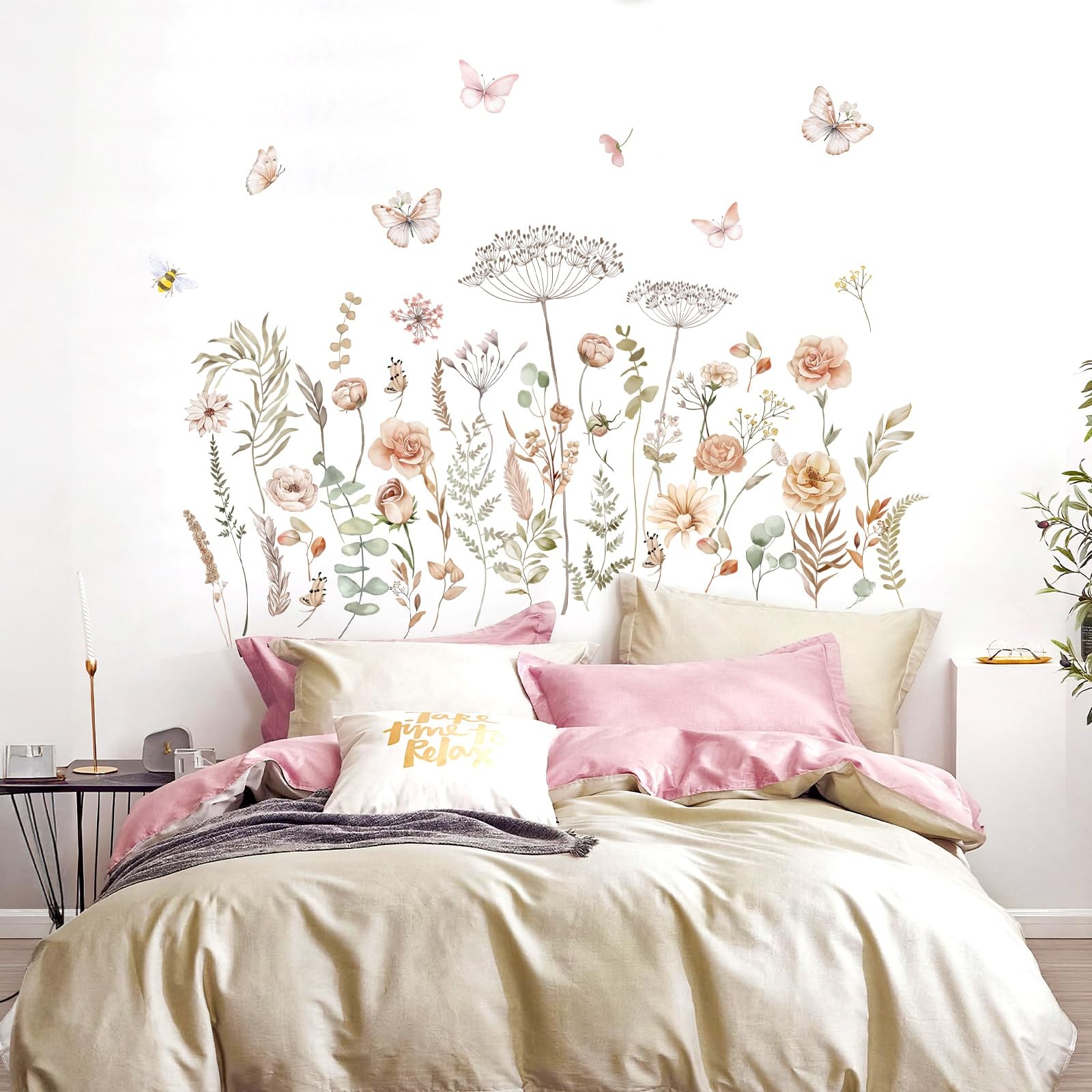 Autocollants muraux fleurs sauvages style vintage aquarelle bohème pour chambre