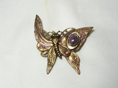 Vintage Schmetterling Brosche Sommer vergoldet mit Emaille Amethyst Edelstein und Glas
