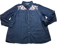 Collections Etc Womens Denim Blouse Sz 2XL Floral Embroidered Long Sleeve NWOT