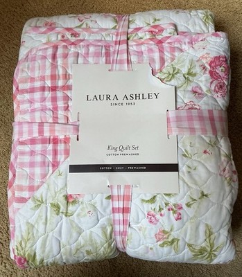 LAURA ASHLEY FLORAL TOILE 3pc KING QUILT Farmhouse  Pink Gingham Shabby Chic