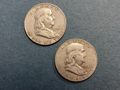 2 Silver Franklin Half Dollar - 1958 & 1963 -  Ungraded, From Collection   C-49