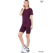 Zenana Cotton Crew Neck Short Sleeve top  biker Shorts set Dark Plum -Small