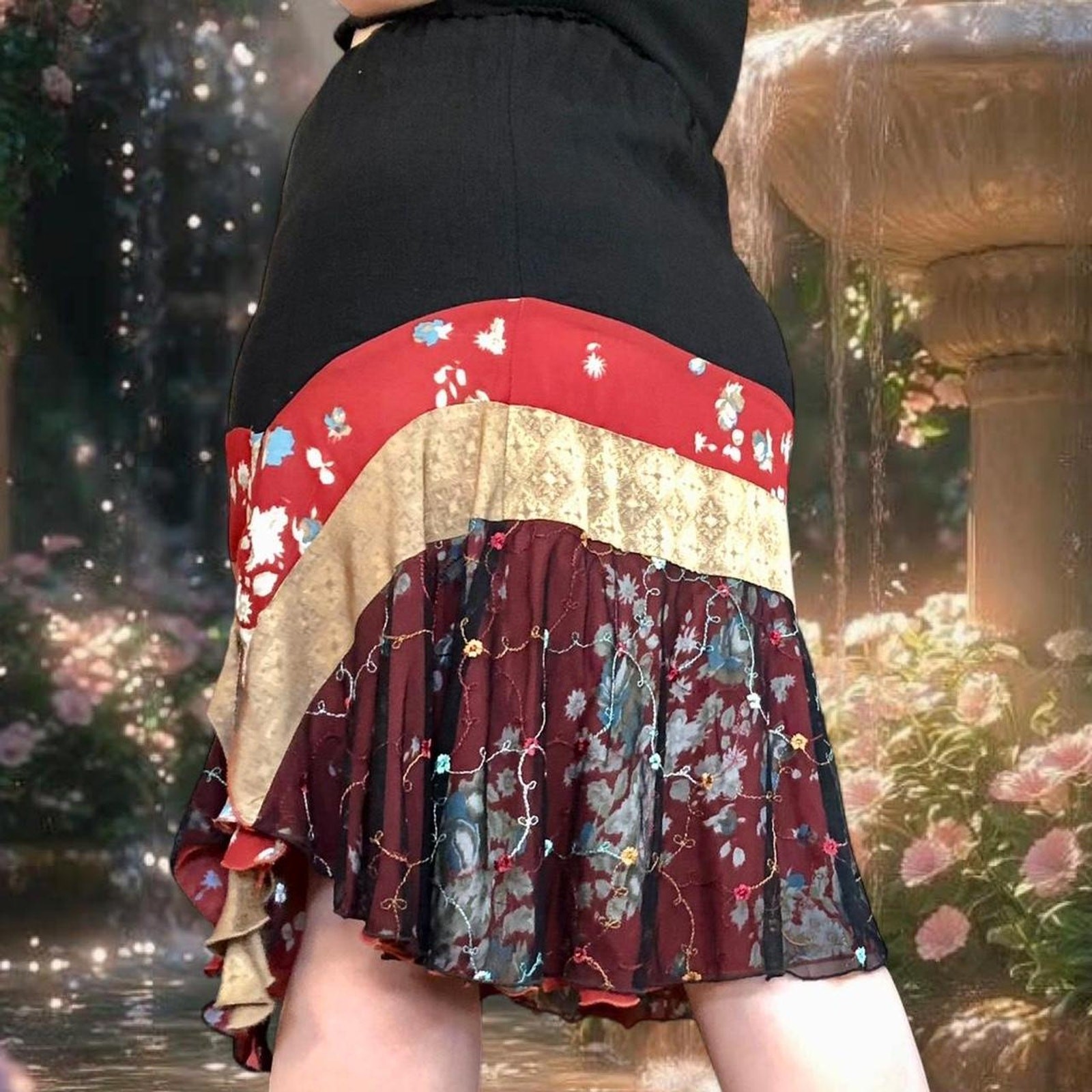 Handmade multi pattern burgundy patchwork mini sk… - image 3