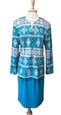 Lady Carol Vintage Skirt Suit Women's 16 Abstract Turquoise Mod Sweater Knit