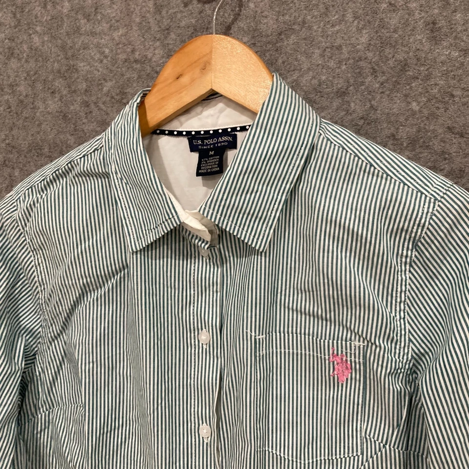 Женская рубашка US Polo Assn размер средний зеленый белый в полоску на пуговицах с длинным рукавом - Изображение 3 из 4