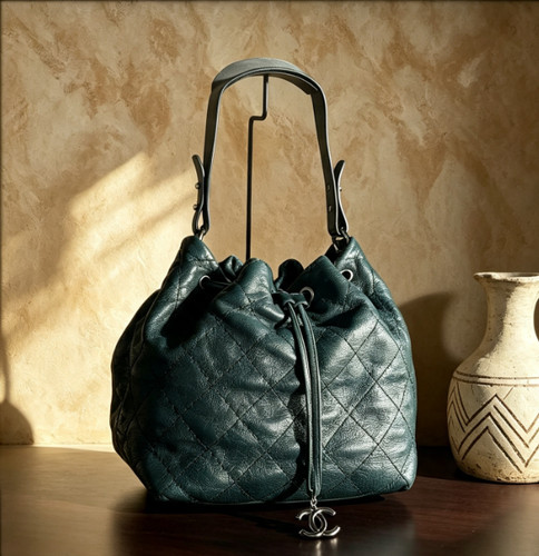 Chanel Drawstring Bucket Dark Green Silver HW Calfskin Bucket Bag Chain Auth