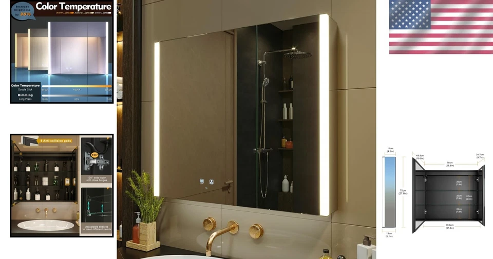 Armário de banheiro LED de duas portas com soquetes e desembaçador - Imagem 2 de 4