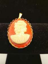 Vintage Cameo Pendant Necklace Charm Gold Tone Red Resin Victorian Lady Profile