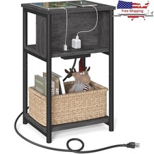 Slim Side Table W/ Charging Station AC USB Ports 3-Tier Organizer Small Spaces