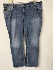 Silver Jeans Women  s 24x33 Plus Denim Suki Flap 17  Straight Blue Embellished