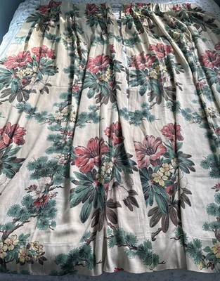 4 Vintage 50s Barkcloth Curtains- Flowers & Pines-Green & Orange On Beige-68x40 