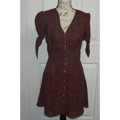 Blu Pepper Women's Puff Tie Sleeve V-Neck Minidress in Micro Dot Chestnut SM $59