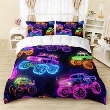 Monster Truck Duvet Cover Set Twin Size,Cartoon Neon Truck Kids Bedding Set 3...