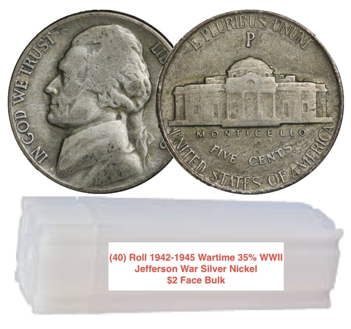 銀貨　2枚　アメリカ　1945 1944 40) Roll 1942-1945 Wartime 35% WWII Jefferson War Silver Nickel $2
