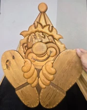 Vtg. large clown handcrafted wood art piece wall hanging.