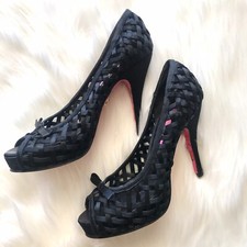 Betsey Johnson Jalia Black Satin Lattice Weave Peep Toe Pumps Heels, 5M