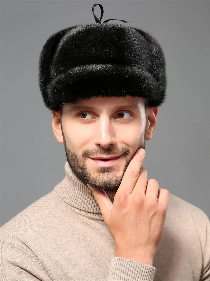 Sombrero 100 % real de piel de visón entero guapo de lujo grueso invierno cálido gorra para hombres Foto 2 de 4