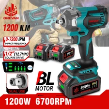 1200Nm Cordless Impact Wrench Gun 1/2'' Brushless High Power Driver W/2*Battery