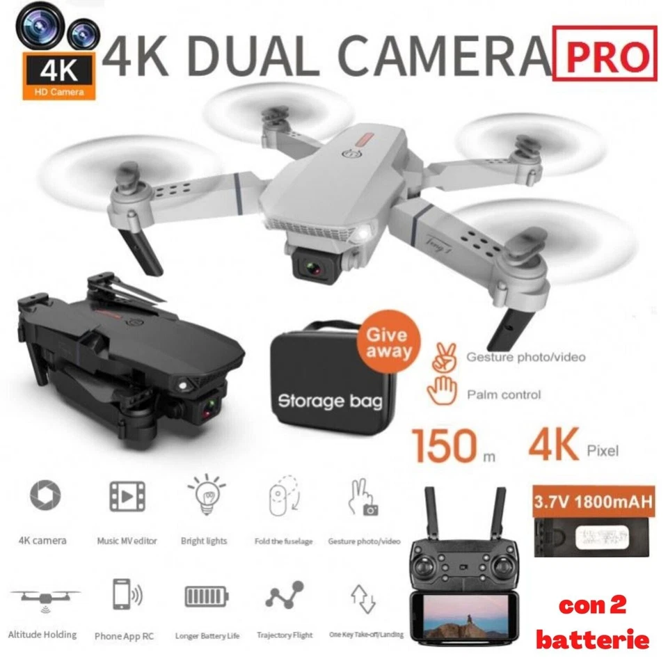 E88 PRO Drone Con 2 Telecamera HD 1080P per Principianti, Drone WiFi FPV 2.4Ghz - Immagine 3 di 4