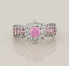 Sterling Silver Pink and White Flower Cubic Zirconia Ring Size 8 1/4