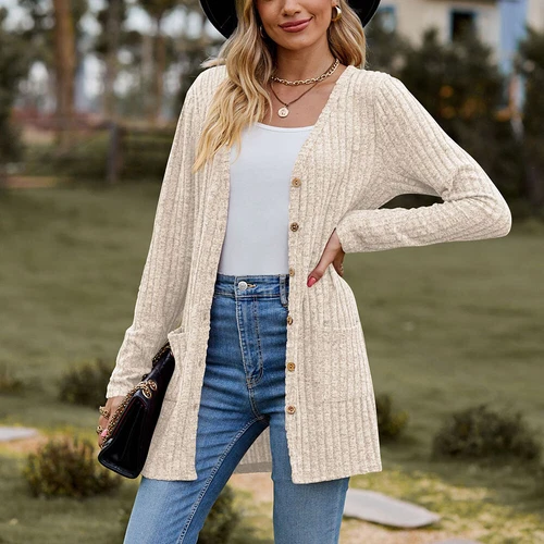 Damen Strickjacke Langarm vorne offen drapiert Pullover Knopfleiste Basic Cardigan - Bild 31 von 32