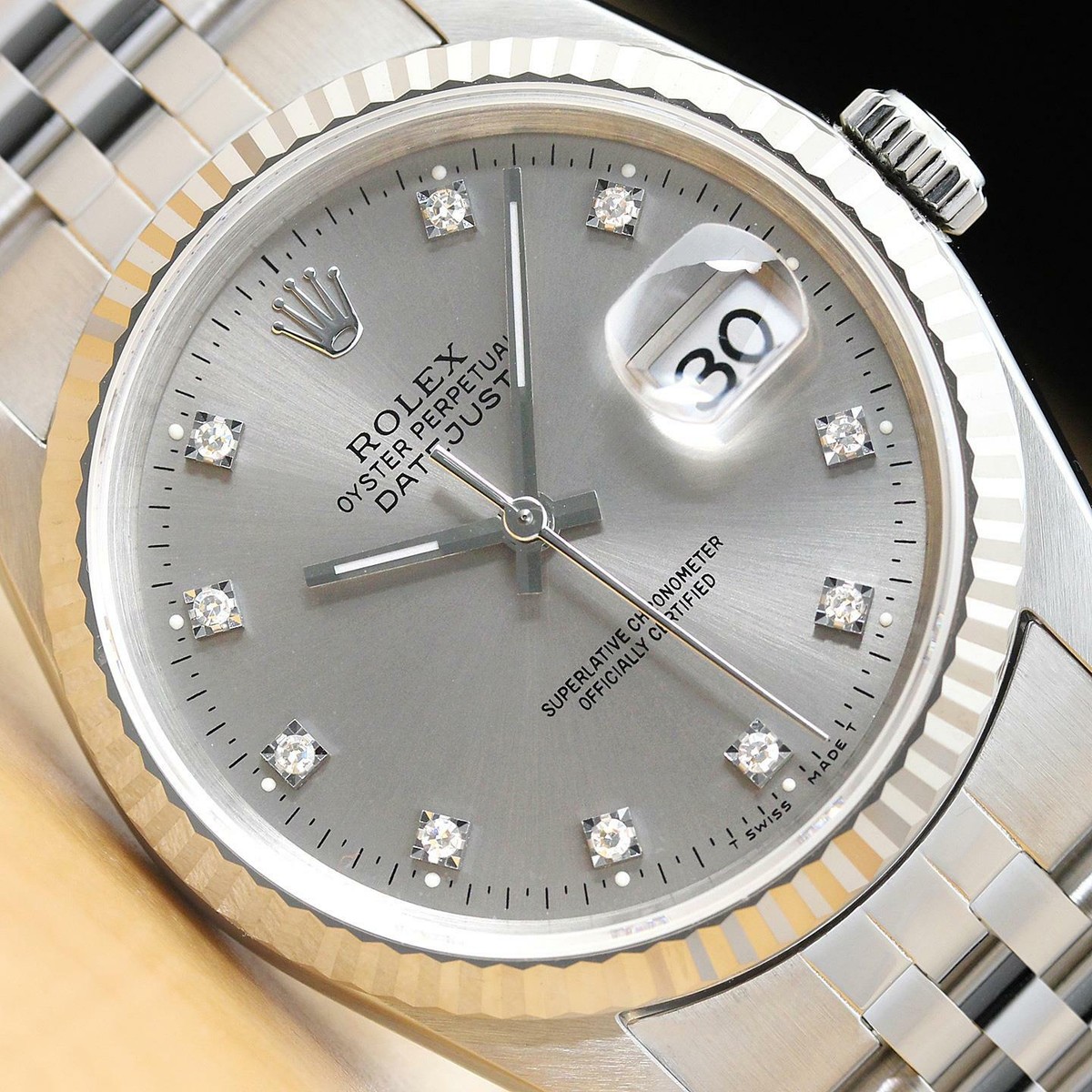 MENS ROLEX DATEJUST FACTORY DIAMOND GRAY DIAL 18K WHITE GOLD STEEL